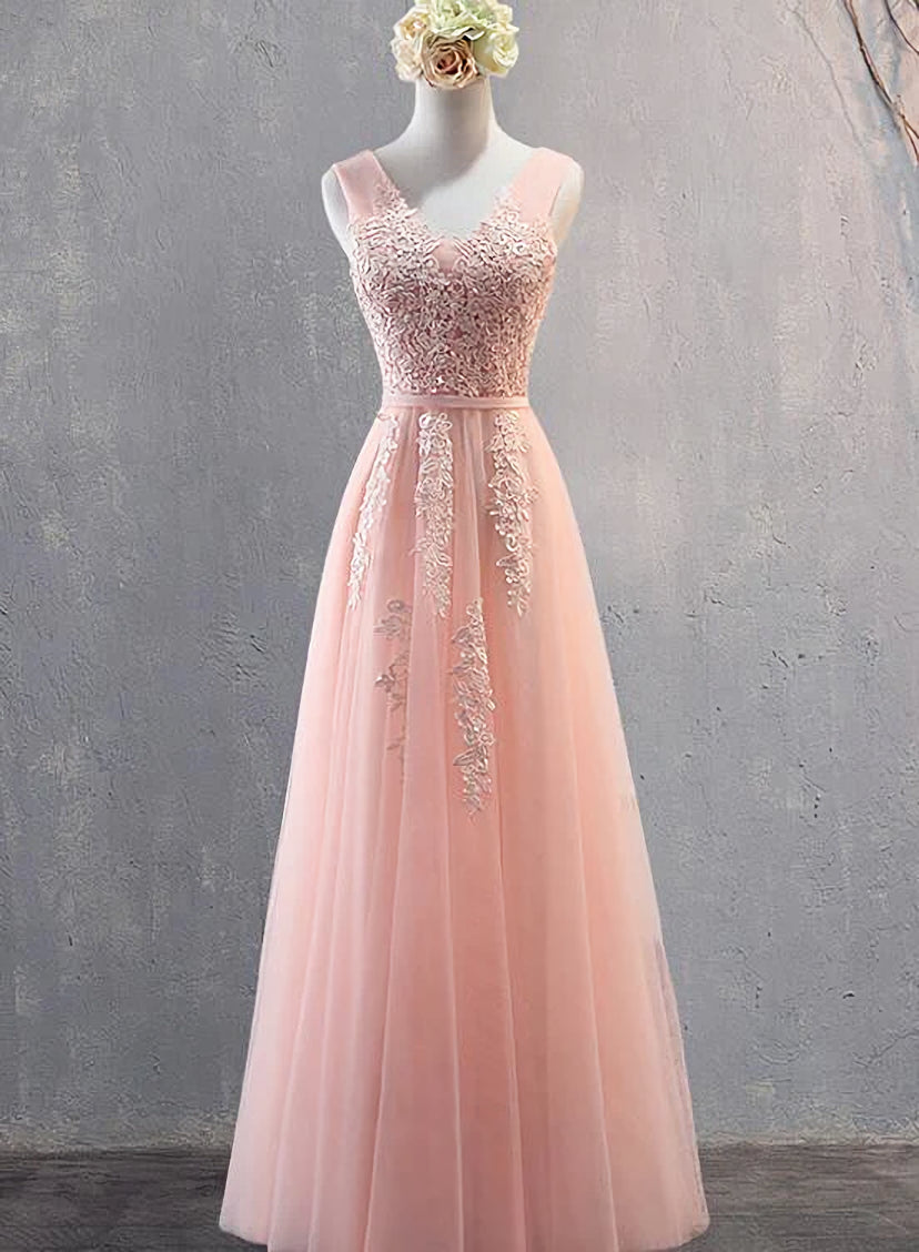 Charming Pearl Pink Tulle Simple Party Dress Outfits For Women with Lace, V-neckline Long Formal Dress