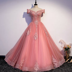 Charming Pink Off Shoulder Lace Applique Sweetheart Party Dress Outfits For Girls, Pink Prom Dress