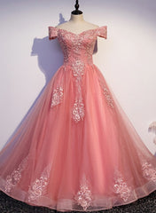 Charming Pink Off Shoulder Lace Applique Sweetheart Party Dress Outfits For Girls, Pink Prom Dress