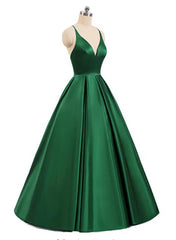 Charming Satin Cross Back Deep V-neckline Long Party Dress Outfits For Girls, Floor Length Evening Dress