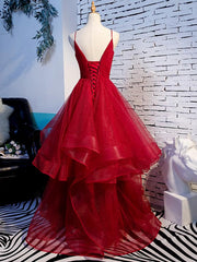 Charming Wine Red Straps Sweetehart Layers Tulle Prom Dress Outfits For Girls, Long Party Dress