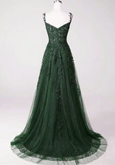 Chic Green Straps Tulle with Lace Party Dress Outfits For Girls, A-line Sweetheart Floor Length Prom Dress