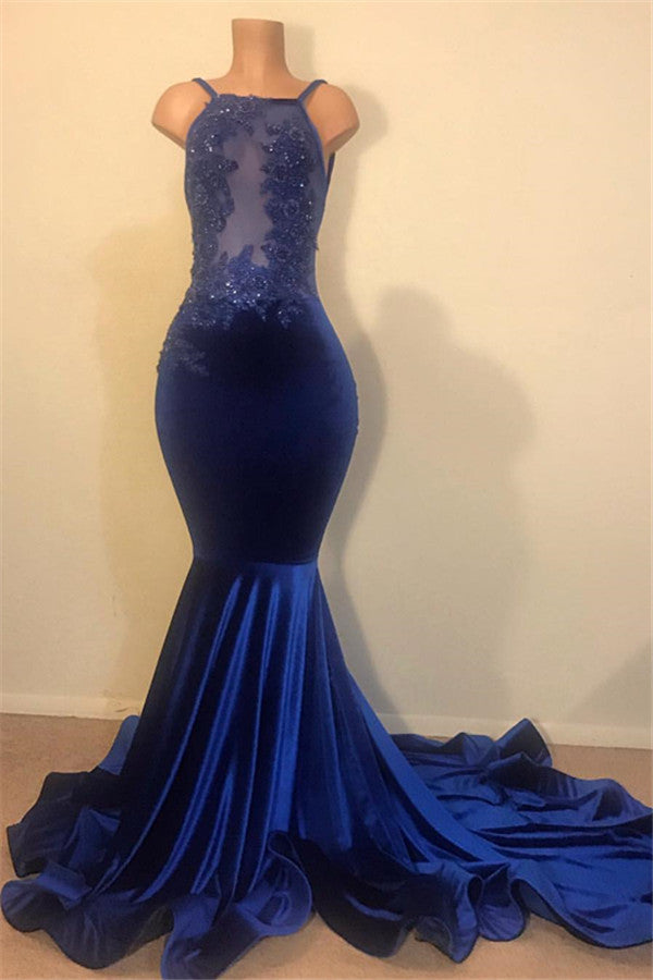 Chic Mermaid Spahgetti-Straps Openback Velvet Applique Prom Party Gowns