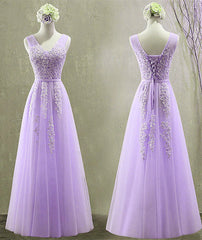 Cute Light Purple Tulle with Lace V-neckline Prom Dress Outfits For Girls, Long Evening Gown Formal Dress