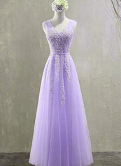 Cute Light Purple Tulle with Lace V-neckline Prom Dress Outfits For Girls, Long Evening Gown Formal Dress