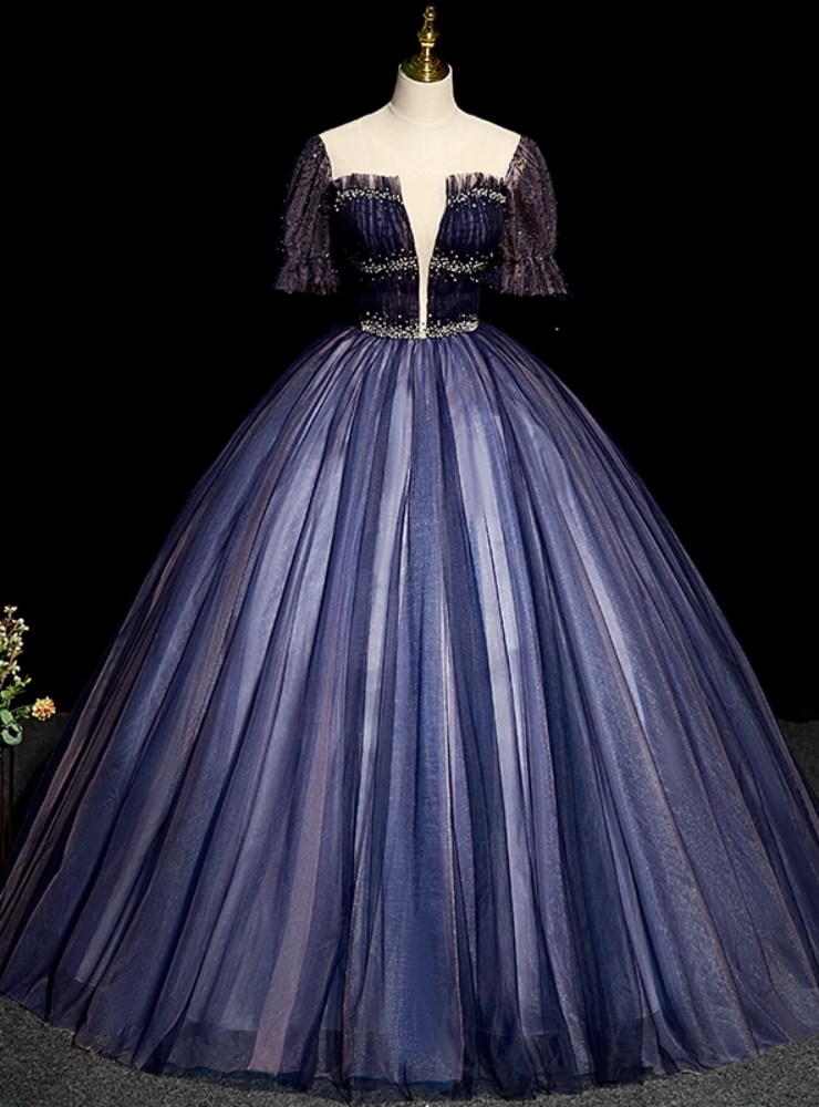 Dark Blue Tulle Backless Beading Quinceanera Dress