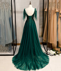 Dark Green Beaded Tulle Straps A-line Formal Dresses For Black girls For Women, Green Evening Dress Outfits For Women Prom Dresses