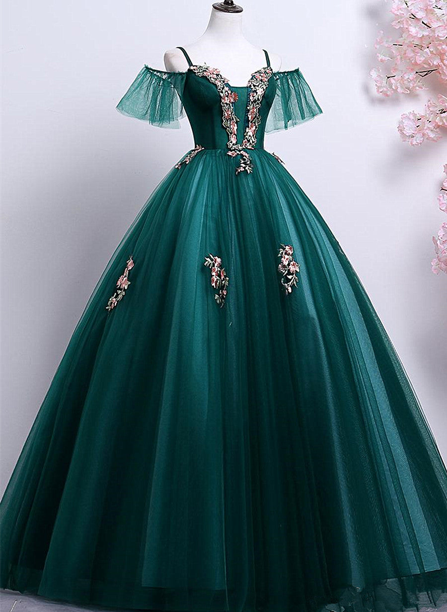 Dark Green Off Shoulder Tulle Party Dress Outfits For Women with Lace, Green Formal Dress Outfits For Women Prom Dress