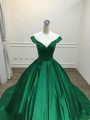 Dark Green Satin Ball Gown Long Evening Dress Outfits For Women Prom Dress Outfits For Girls, Green Formal Dresses