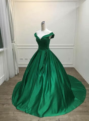 Dark Green Satin Ball Gown Long Evening Dress Outfits For Women Prom Dress Outfits For Girls, Green Formal Dresses