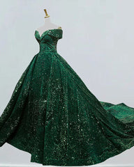 Dark Green Sequins Off Shoulder Ball Gown Sweet 16 Dress Outfits For Girls, Dark Green Prom Dress