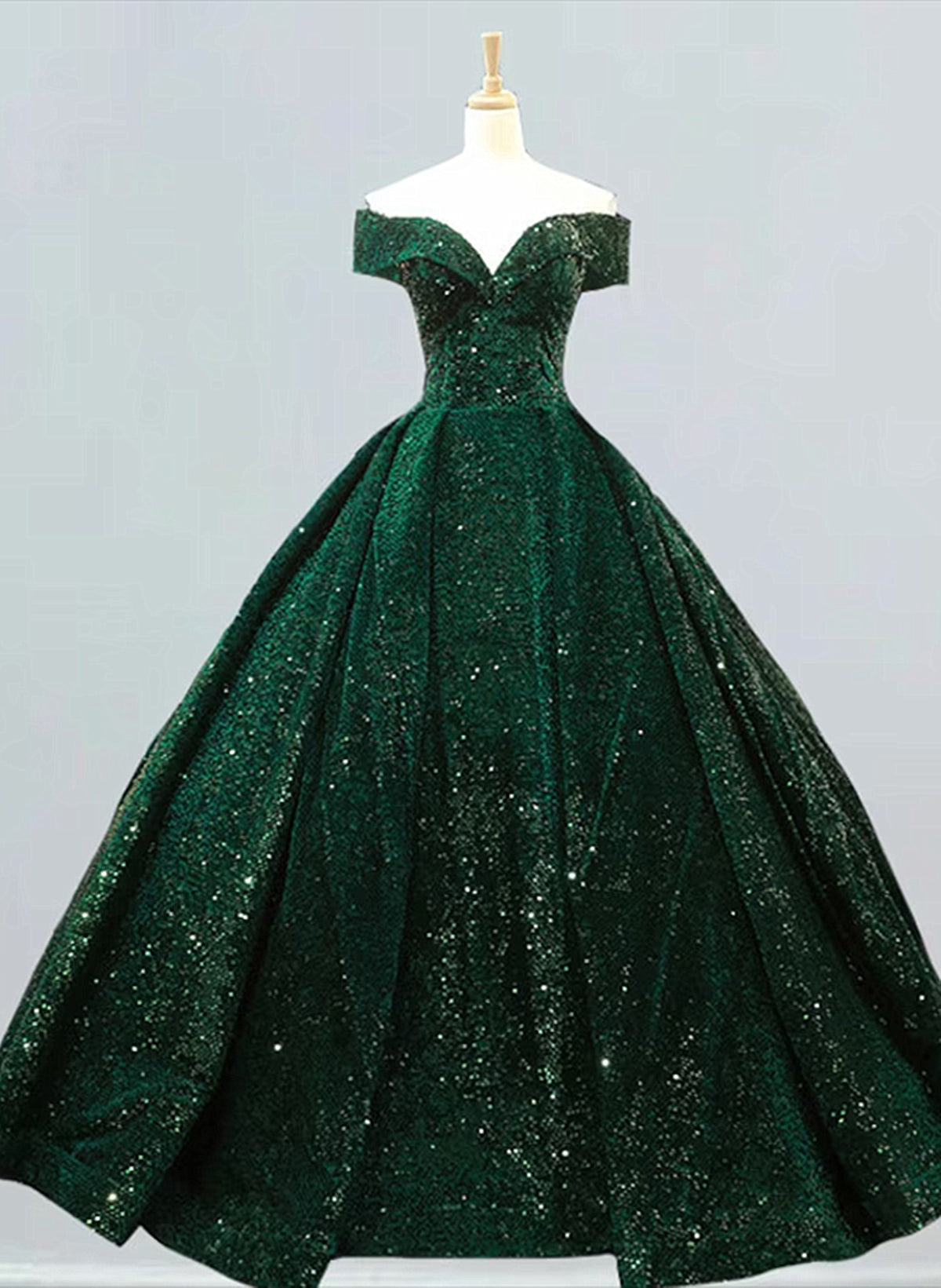 Dark Green Sequins Off Shoulder Ball Gown Sweet 16 Dress Outfits For Girls, Dark Green Prom Dress