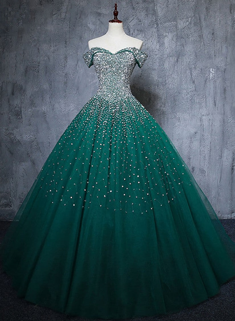 Dark Green Tulle Sweetheart Sparkle Party Dress Outfits For Girls, Sweet 16 Dress