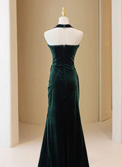 Dark Green Velvet Long Evening Dress Outfits For Women Party Dress Outfits For Girls, A-line Green Bridesmaid Dress