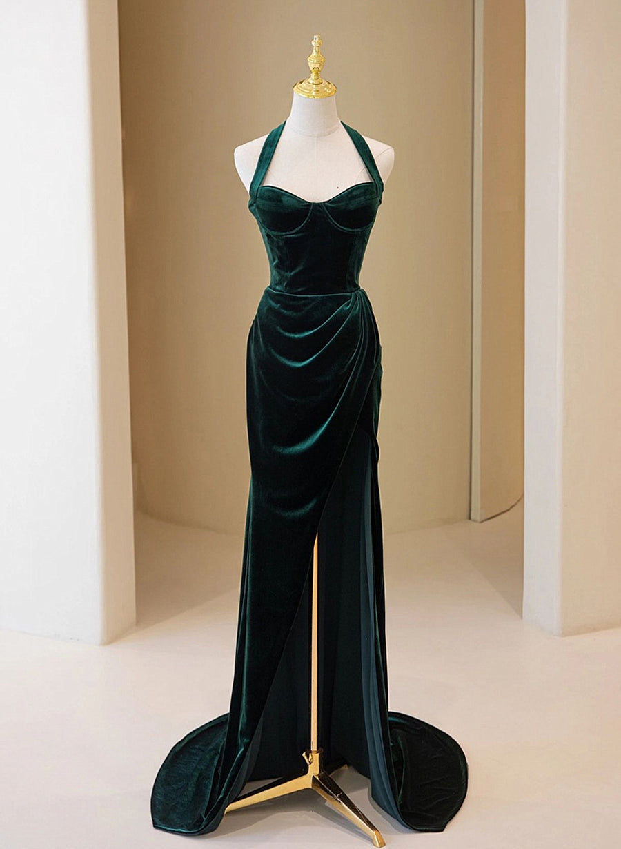 Dark Green Velvet Long Evening Dress Outfits For Women Party Dress Outfits For Girls, A-line Green Bridesmaid Dress