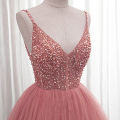 Dark Pink Sequins V-neckline Straps Long Evening Dress Outfits For Girls, Tulle Pink Prom Dress