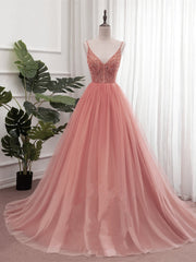 Dark Pink Sequins V-neckline Straps Long Evening Dress Outfits For Girls, Tulle Pink Prom Dress