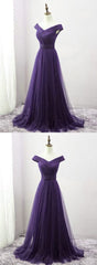 Dark Purple Sweetheart Tulle Off Shoulder Bridesmaid Dress Outfits For Girls, Long Prom Dress