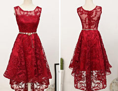 Dark Red High Low Lace Party Dress Outfits For Women Homecoming Dress Outfits For Girls, Red Short Prom Dress