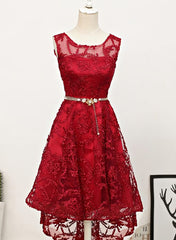 Dark Red High Low Lace Party Dress Outfits For Women Homecoming Dress Outfits For Girls, Red Short Prom Dress