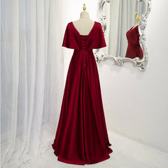 Dark Red Satin A-line Floor Length Evening Dress Outfits For Girls, Wine Red Wedding Party Dresses