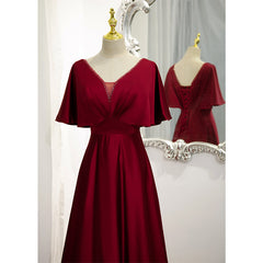 Dark Red Satin A-line Floor Length Evening Dress Outfits For Girls, Wine Red Wedding Party Dresses