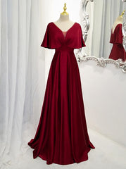 Dark Red Satin A-line Floor Length Evening Dress Outfits For Girls, Wine Red Wedding Party Dresses