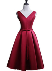 Dark Red Satin Short Homecoming Dress Outfits For Girls, Lovely Bridesmaid Dress