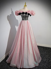 Elegant A-line Pink Off Shoulder Long Evening Dress Outfits For Girls, Pink with Black Lace Long Prom Dress