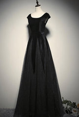 Elegant Black Velvet Cap Sleeves Evening Dress Outfits For Girls, Black Prom Dress