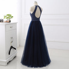 Elegant Navy Blue Halter Beaded Long Evening Dress Outfits For Girls, Prom Dress