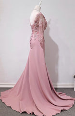 Elegant Pink Long Sleeves Lace Applique Long Party Dress Outfits For Girls, Pink Prom Dress