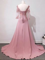 Elegant Pink Long Sleeves Lace Applique Long Party Dress Outfits For Girls, Pink Prom Dress