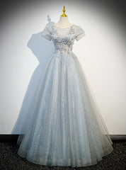 Fancy Gray Tulle Sequins Short Sleeve Beading Prom Dress