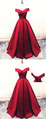 Fashionable Dark Red Satin Simple Off Shoulder Prom Dress Outfits For Girls, Red Party Dress Outfits For Women Evening Dress