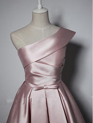 Fashionable Pink Knee Length Satin Short Prom Dress Outfits For Girls, One Shoulder Bridesmaid Dress