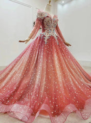 Fit Your Body Type Red Ball Gown Tulle Sequins Long Sleeve Beading Crystal Wedding Dress