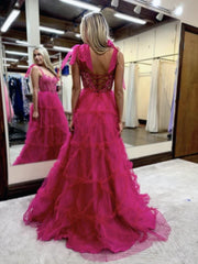 Fuchsia A Line Sweetheart Tiered Tulle Long Prom Dresses