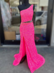 Fuchsia Mermaid Sequins Beading One Shoulder Prom Dress