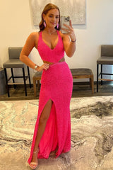 Fuchsia Sequins Criss Cross Straps Prom Dress