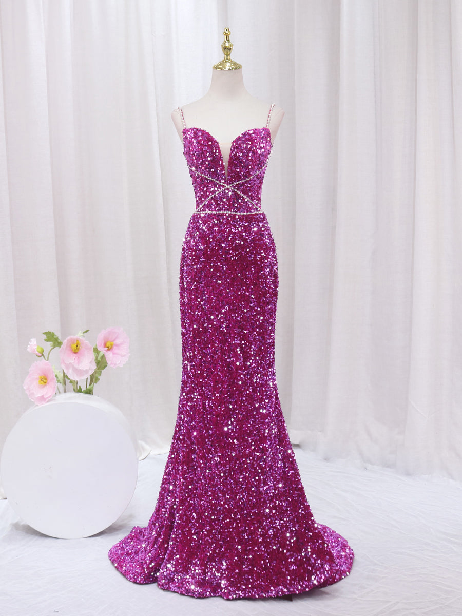 Fuchsia Sequins Spaghetti Straps Prom Dress