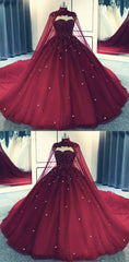 Glam Ball Gown Quinceanera Dress Outfits For Women Lace Applique Beaded Cape, Wine Red Formal Dress Outfits For Women Party Gowns