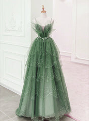 Glam Green Layers Tulle Straps Beaded Long Party Dress Outfits For Girls, Green Long Formal Dress