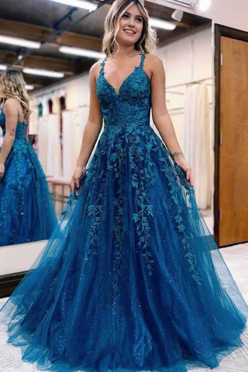 Glitter Blue Lace A-Line Long Prom Dress