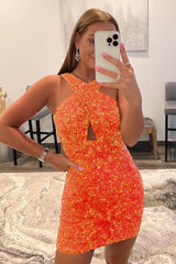 Glitter Orange Halter Backless Sequins Tight Homecoming Dress