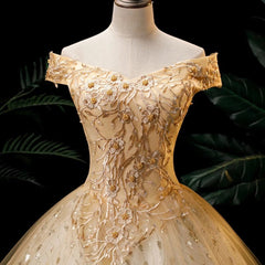 Gold Ball Gown Tulle with Lace Applique Formal Dress Outfits For Girls, Gold Sweet 16 Dress