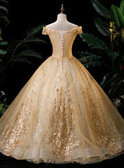 Gold Ball Gown Tulle with Lace Applique Formal Dress Outfits For Girls, Gold Sweet 16 Dress