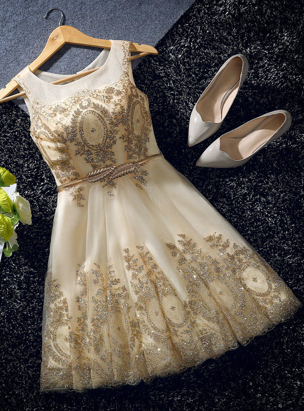 Gold Tulle Sequins Bow Homecoming Dress