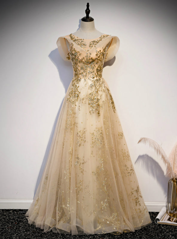 Gold Tulle Sequins Cap Sleeve Scoop Prom Dress