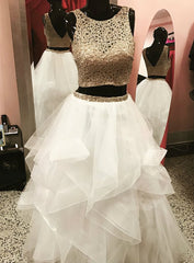 Gold White Ball Gowns Two Piece Tulle Backless Prom Dress